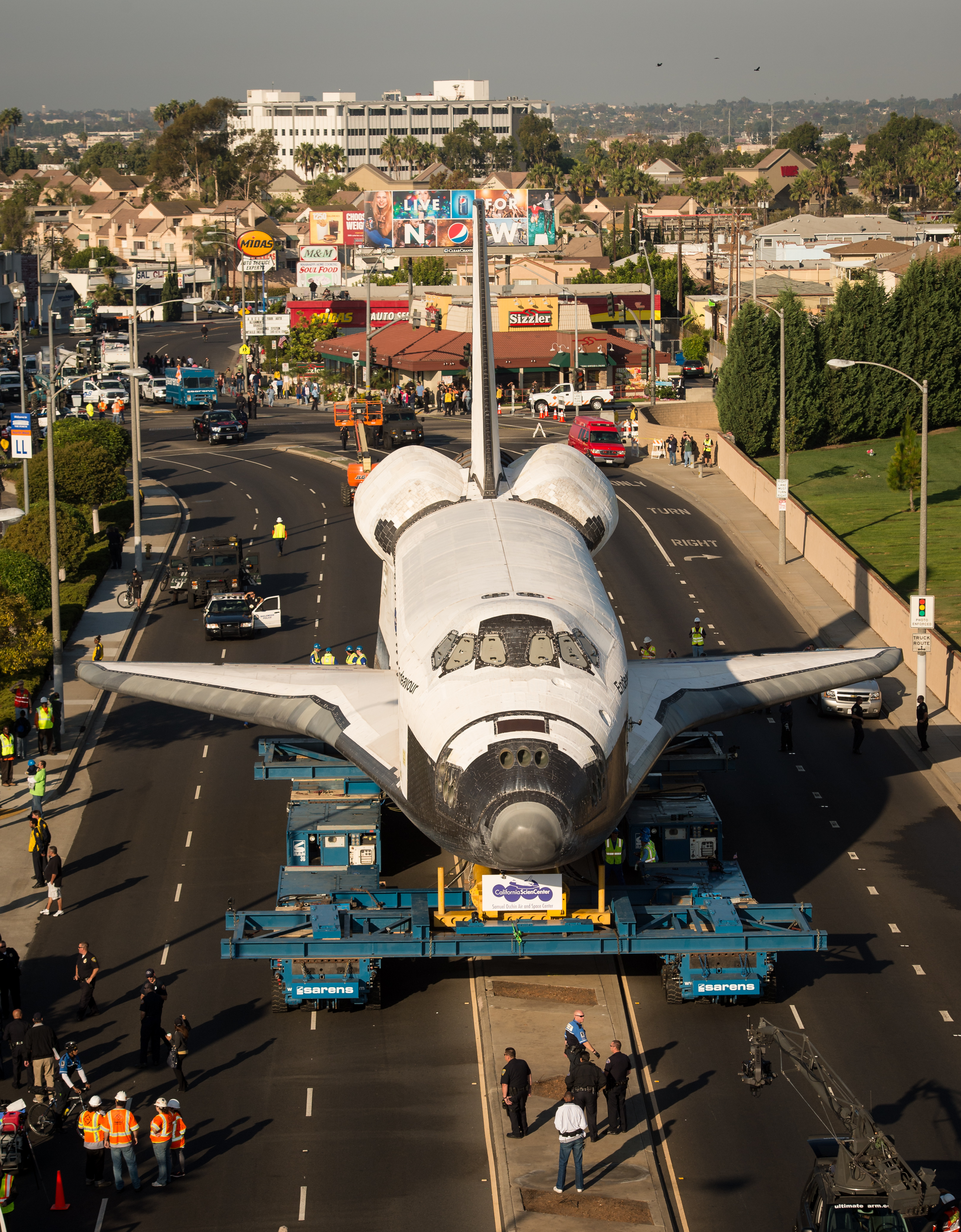 Space shuttle Endeavour parked on a city street