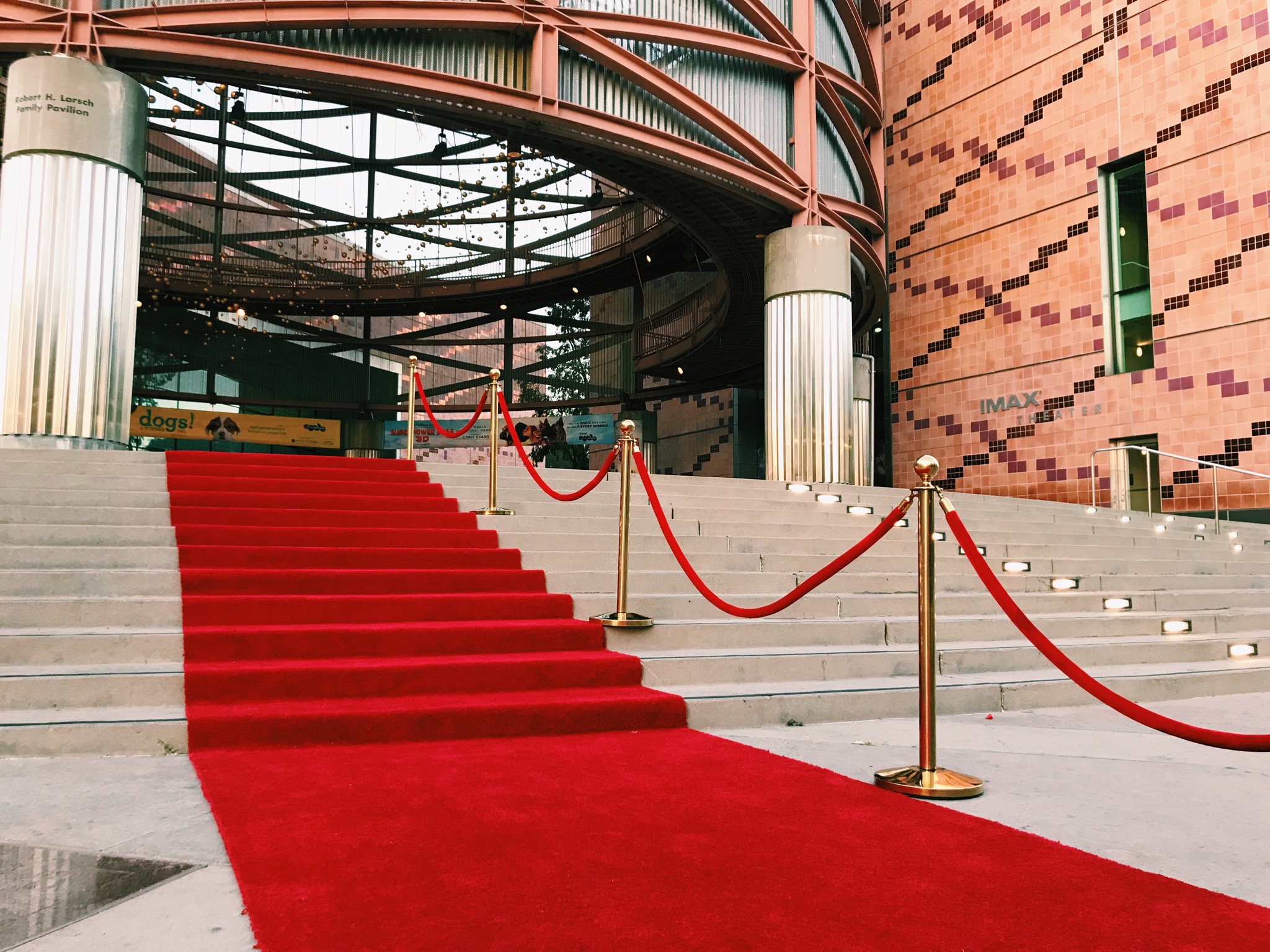 Red carpet and stanchions on stairs leading to Lorsch Family pavilion for grand event entrance