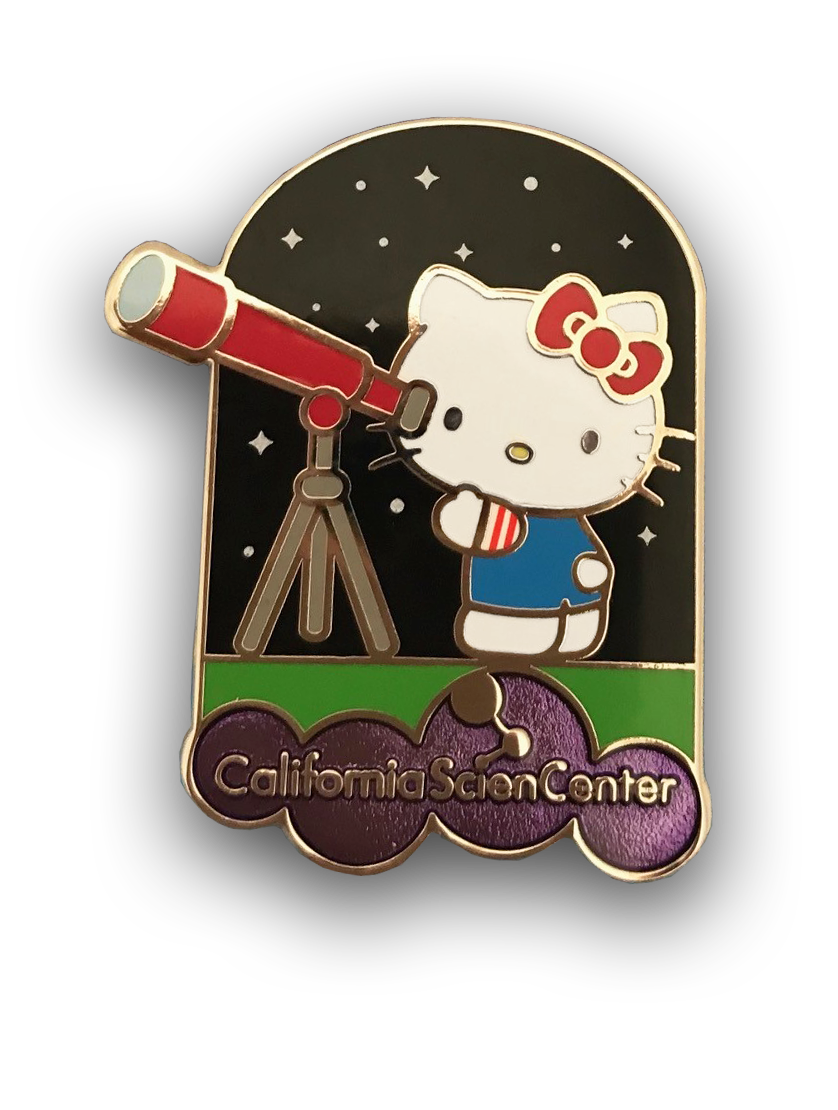 Hello Kitty looks through a telescope on this Science Center pin.