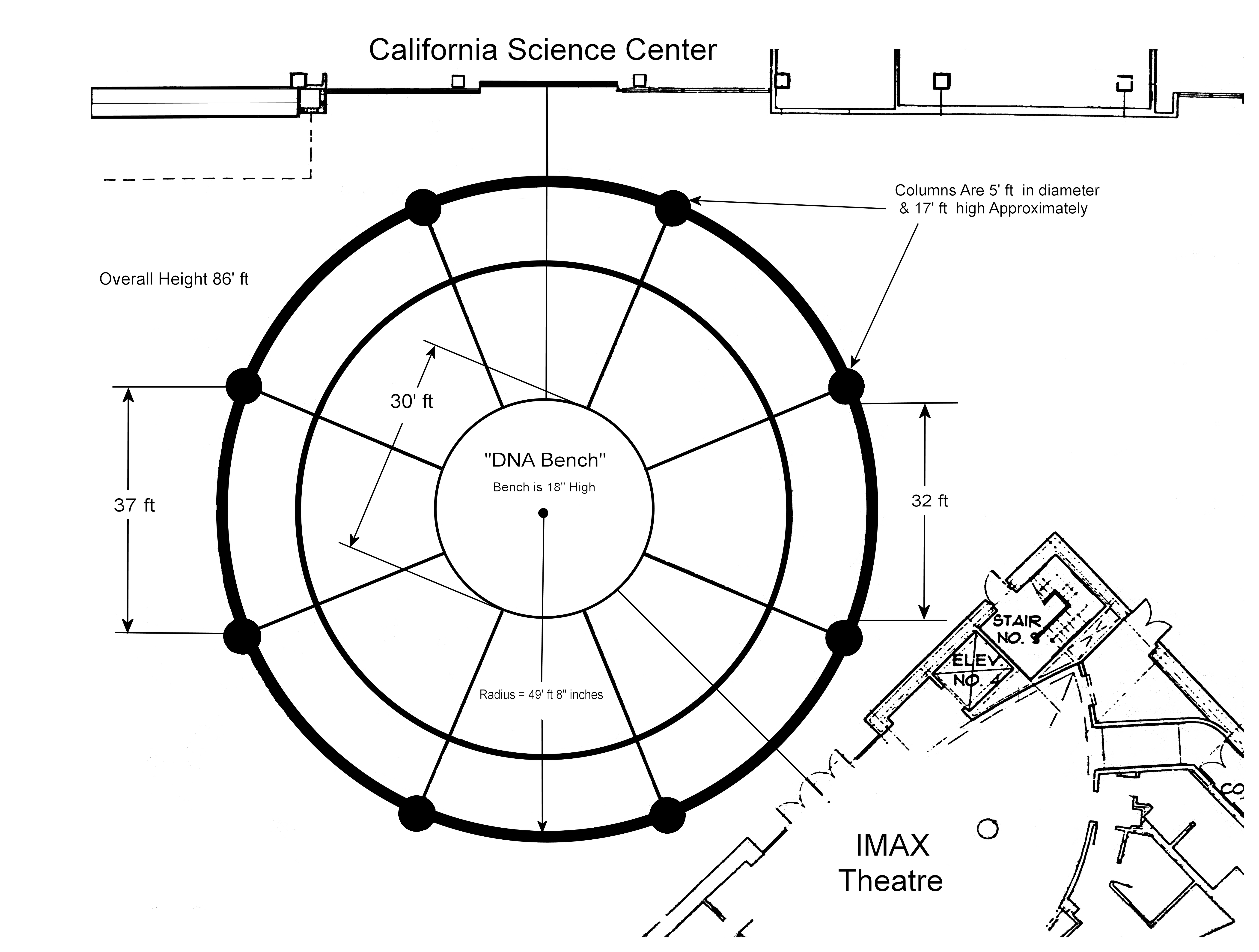 Blank venue diagram of the Lorsch Family Pavilion including DNA bench, IMAX Theatre, and California Science Center labels as well as measurements