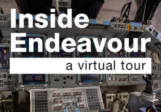 Inside Endeavour: A Virtual Tour graphic text on top on an image of Endeavour's flight deck