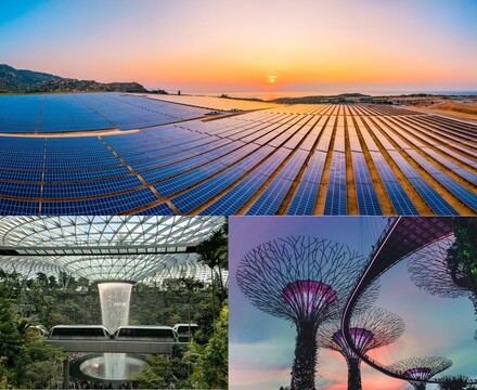 Images of futuristic designs in cities trying to advance their renewable energy and become greener.