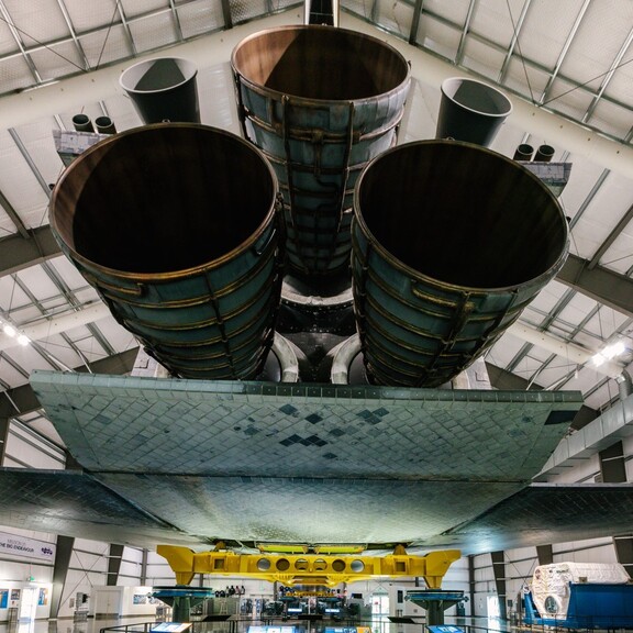 Endeavour from the tail end featuring the three space shuttle main engines