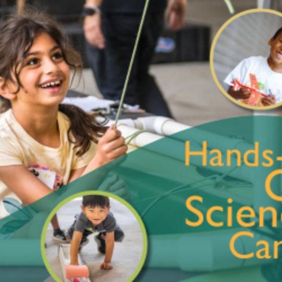 Hands-On Science Camp logo alongside images of campers participating in hands-on activities