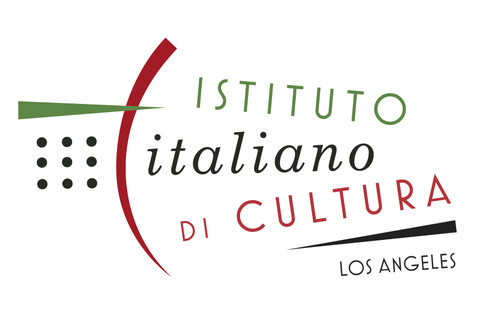 Istituto Italiano di Cultura Los Angeles logo. Logo is featured in green, black, and red font, with abstract shapes on the left.