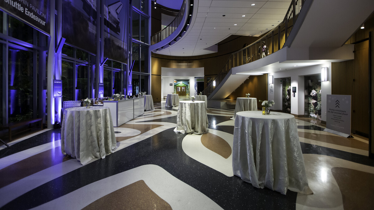 Silver cocktail tables in Ecosystems atrium for Corporate Holiday Party