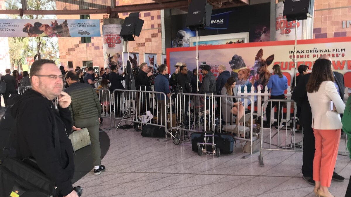 Press line and promotional banners outside IMAX Theater for SuperPower Dogs 3D premiere