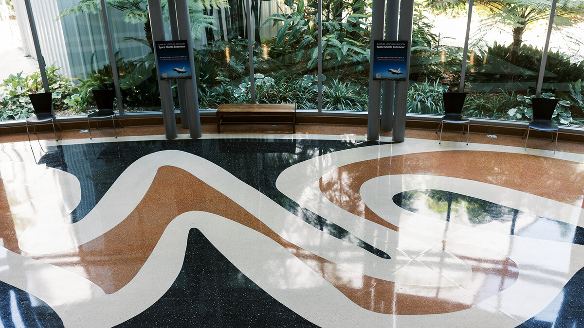 Empty Ecosystems first floor atrium featuring shining terrazzo with black, white, and brown organic swirling pattern