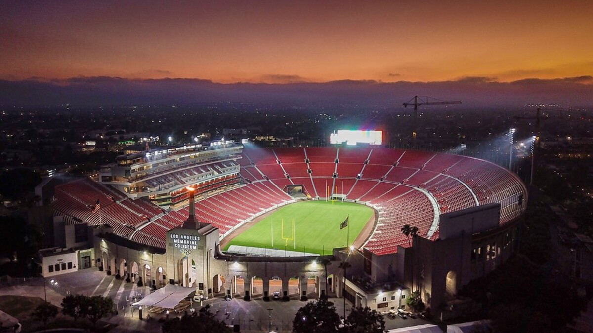 Aerial view of Los Angeles Memorial Coliseum at night