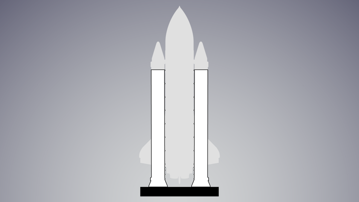 Illustration showing an outline of the full space shuttle stack standing on the ground with the aft skirts and SRMs installed