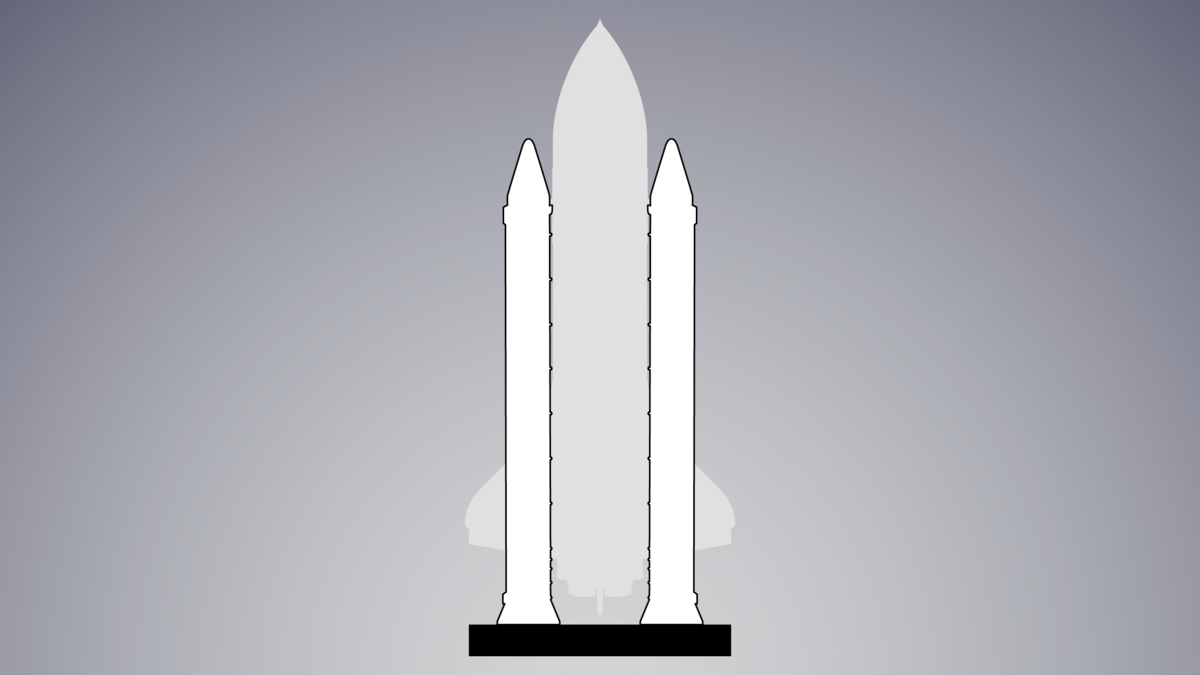 Illustration showing an outline of the full space shuttle stack standing on the ground with the full SRBs installed