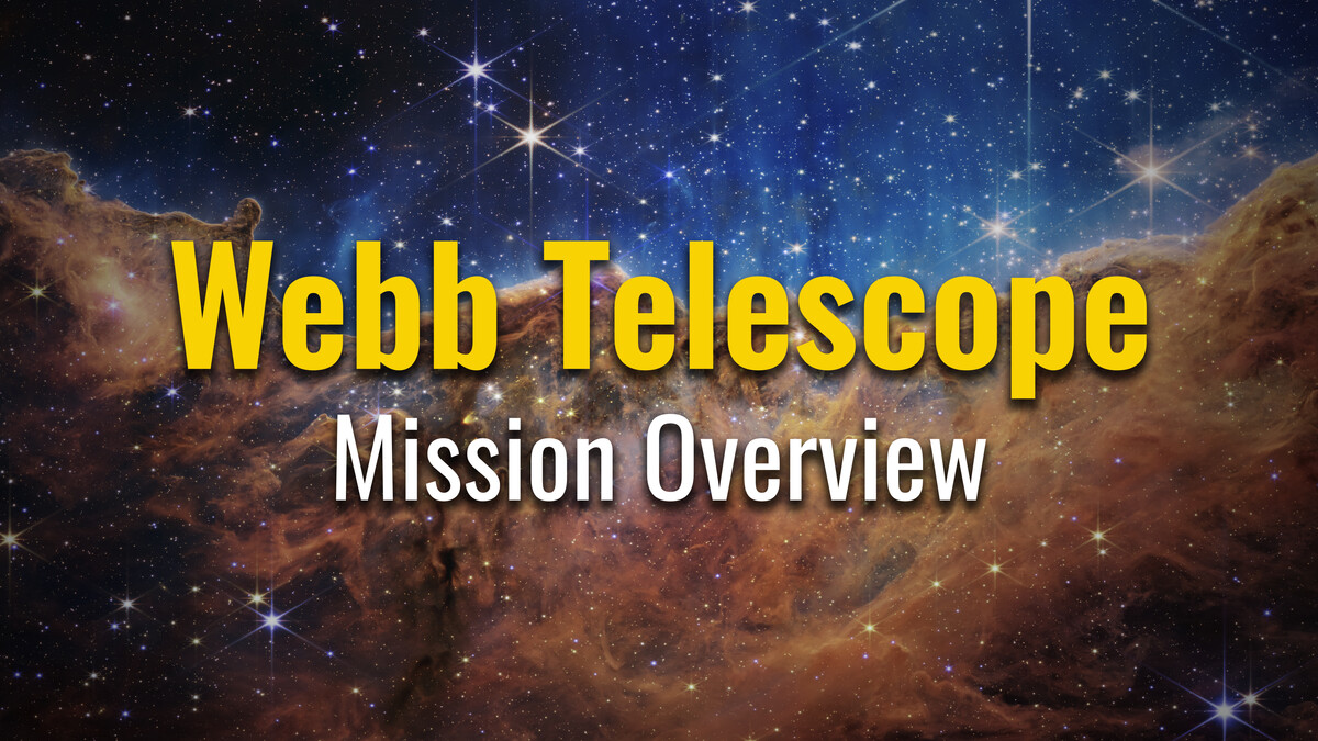 Webb Telescope Mission Overview text overlay above space image captured by the James Webb Space Telescope