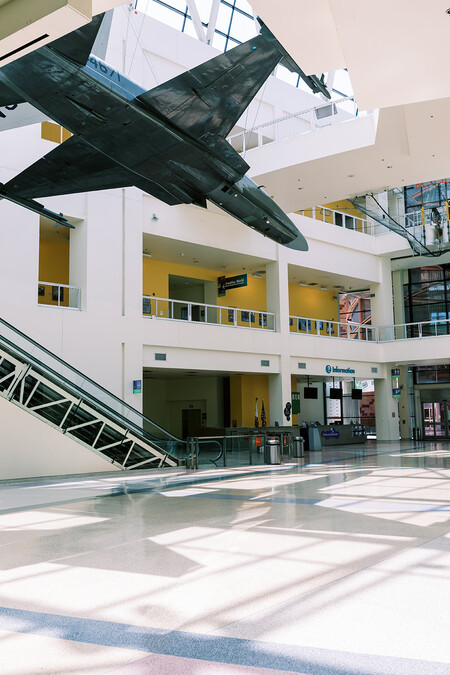 Empty Edgerton Court Science Center Lobby featuring the F-20 Tigershark aircraft